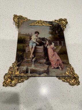 Ornate Gold Glass Accent Wall Plaque with Vintage Children Scene